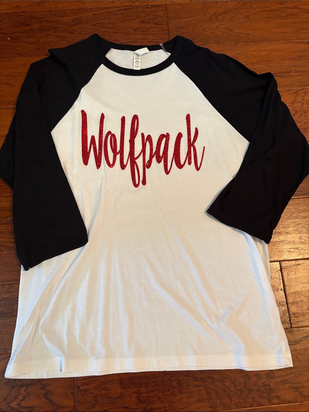 Bella Canvas White and Black "Wolfpack" Raglan Tee with Red Glitter Text